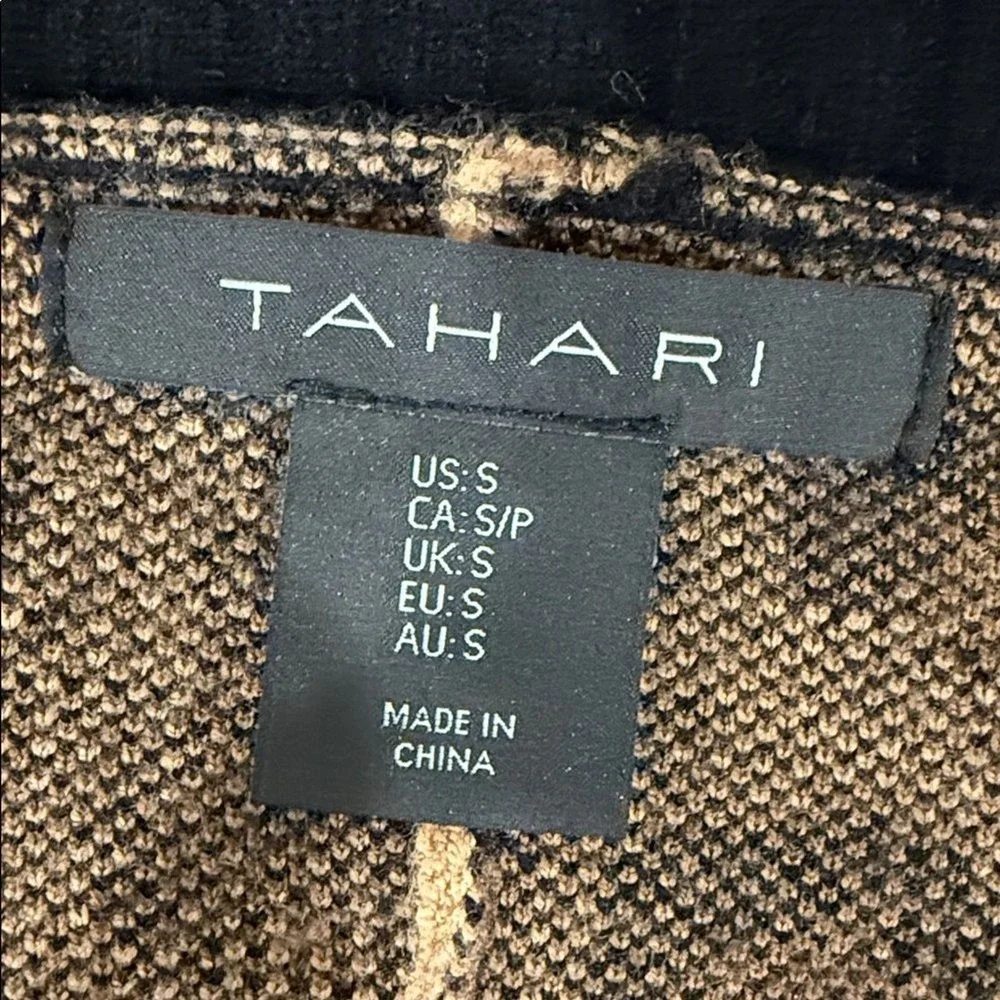 Tahari Cardigan Sweater‎ Womens Small Tan Leopard Print Open Front Ribbed Trim
